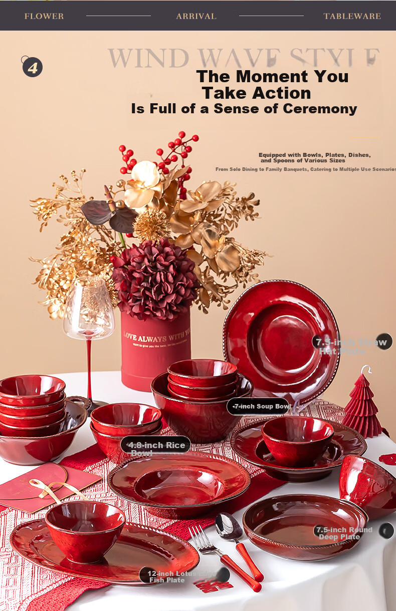 Chudi Complete Ceramic Dinnerware Set for Wedding Gift Red Kiln-Glazed Tang Red 26-Piece with Gift Box 4