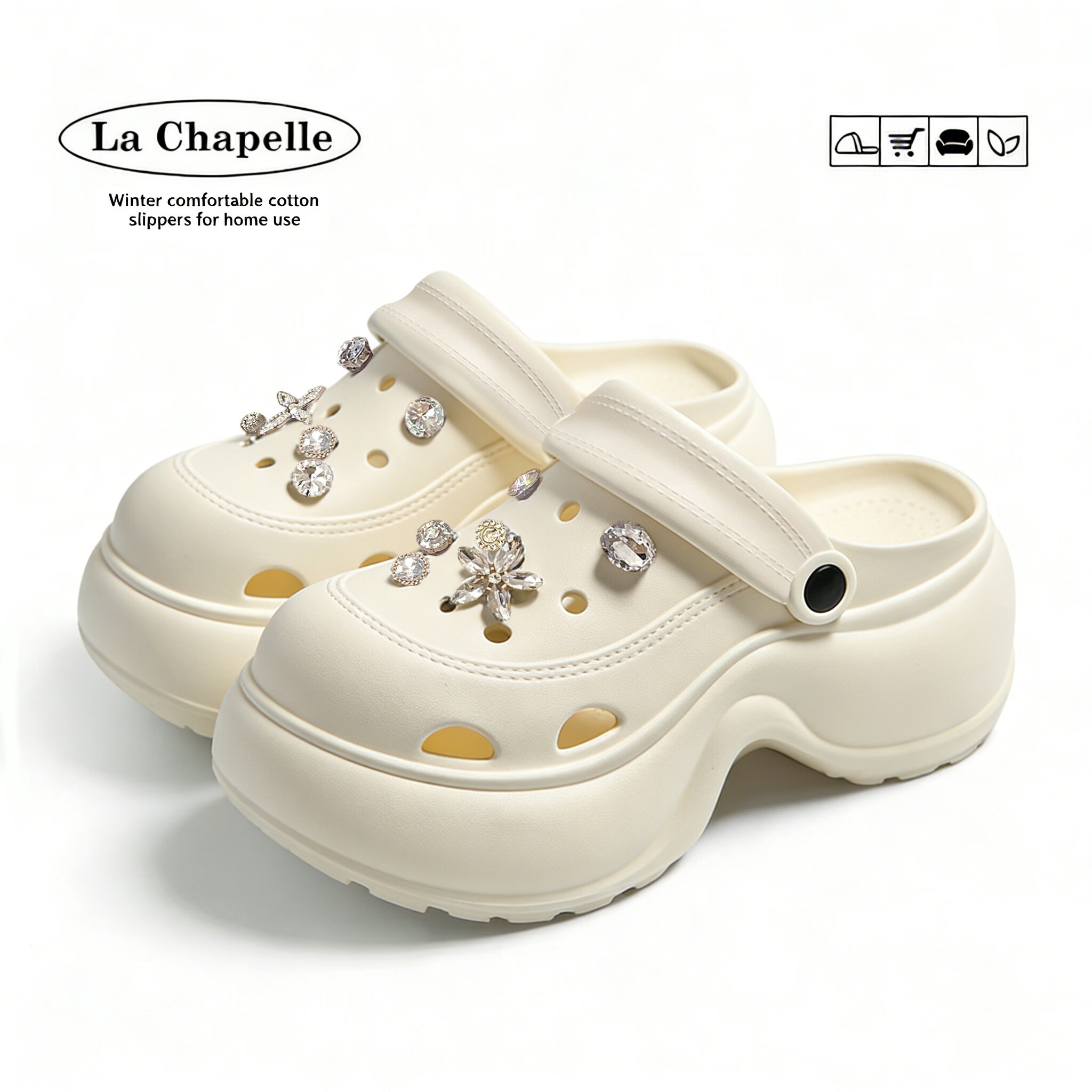 La Chapelle Women's Summer Hollow Out Shoes Thick Sole Height Increasing Non-slip Diamond Flower Peep Toe Beach Sandals X216 Off-White Size 35-36