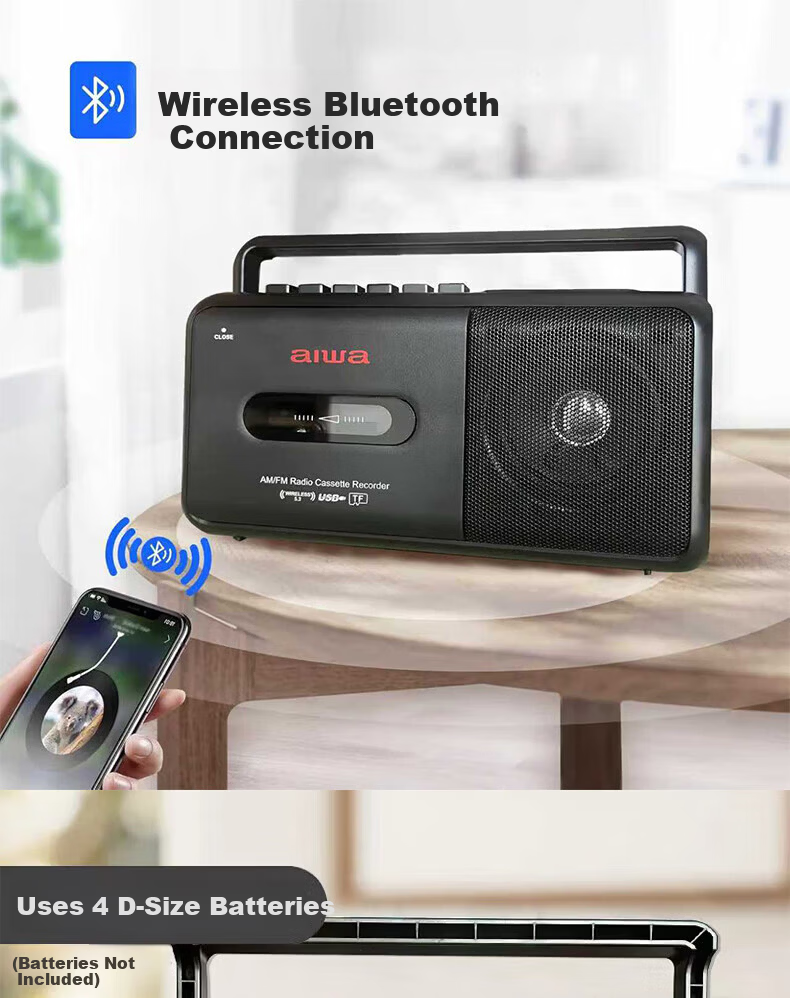 Aiwa CR-1 Bluetooth Speaker Retro Cassette Player Portable Radio USB TF Bluetooth Player Student Listening Device English Training Dual Power Black 2