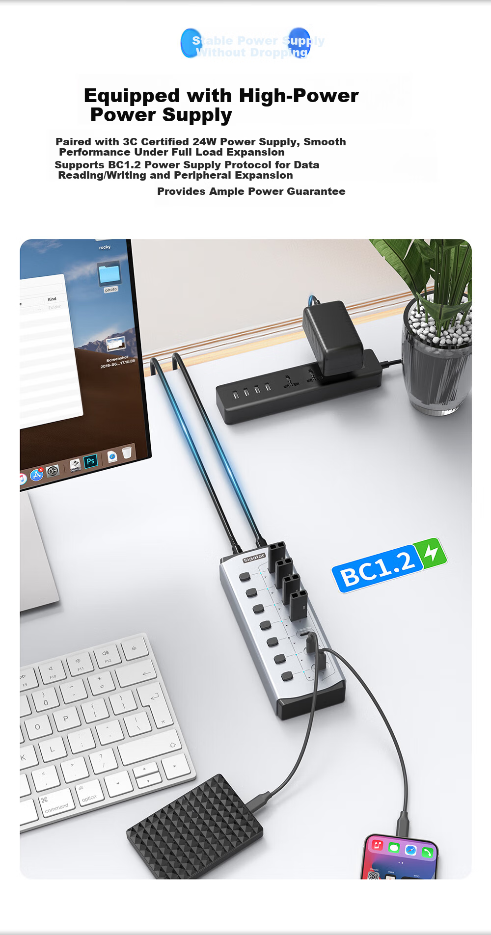 SIPOLAR USB 3.0 Hub with Independent Control, 7-Port High-Speed HUB, 4 USB + 3 Charging Ports, 24W High Power Docking Station FS-809, Extension Cable, Laptop Accessory 7