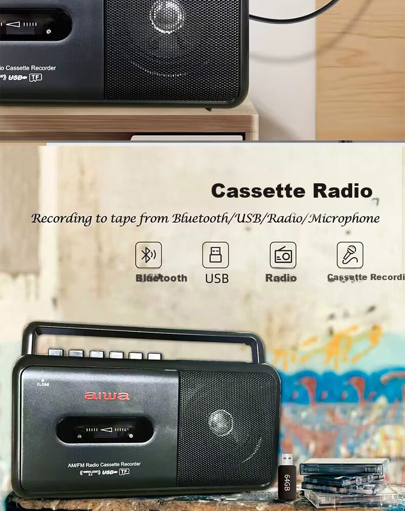 Aiwa CR-1 Bluetooth Speaker Retro Cassette Player Portable Radio USB TF Bluetooth Player Student Listening Device English Training Dual Power Black 4