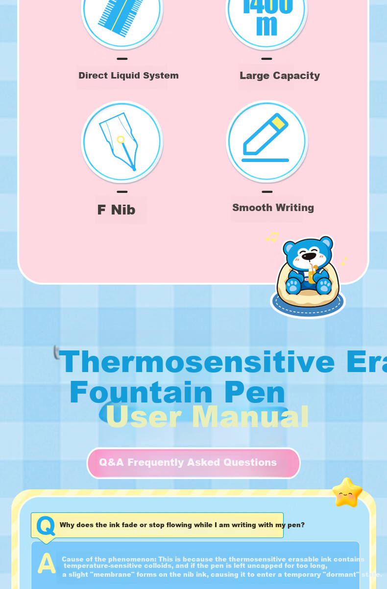 Snowhite Erasable Liquid Ink Fountain Pen for Elementary Students Grades 3-6, No Cartridge Replacement, Built-in Ink Conditioner, High Aesthetic, Large Capacity, Student Practice Pen C510, Ink Blue, P 3