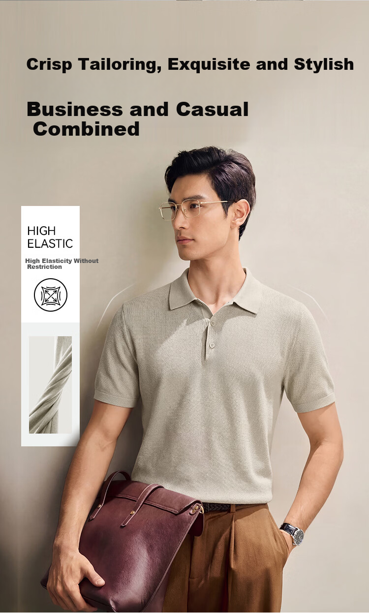 JD Jingzao Men's Premium Short Sleeve T-Shirt Silk Linen Cotton Polo Shirt Mulberry Silk Summer New Father's Day Gift Frost Apricot M 4