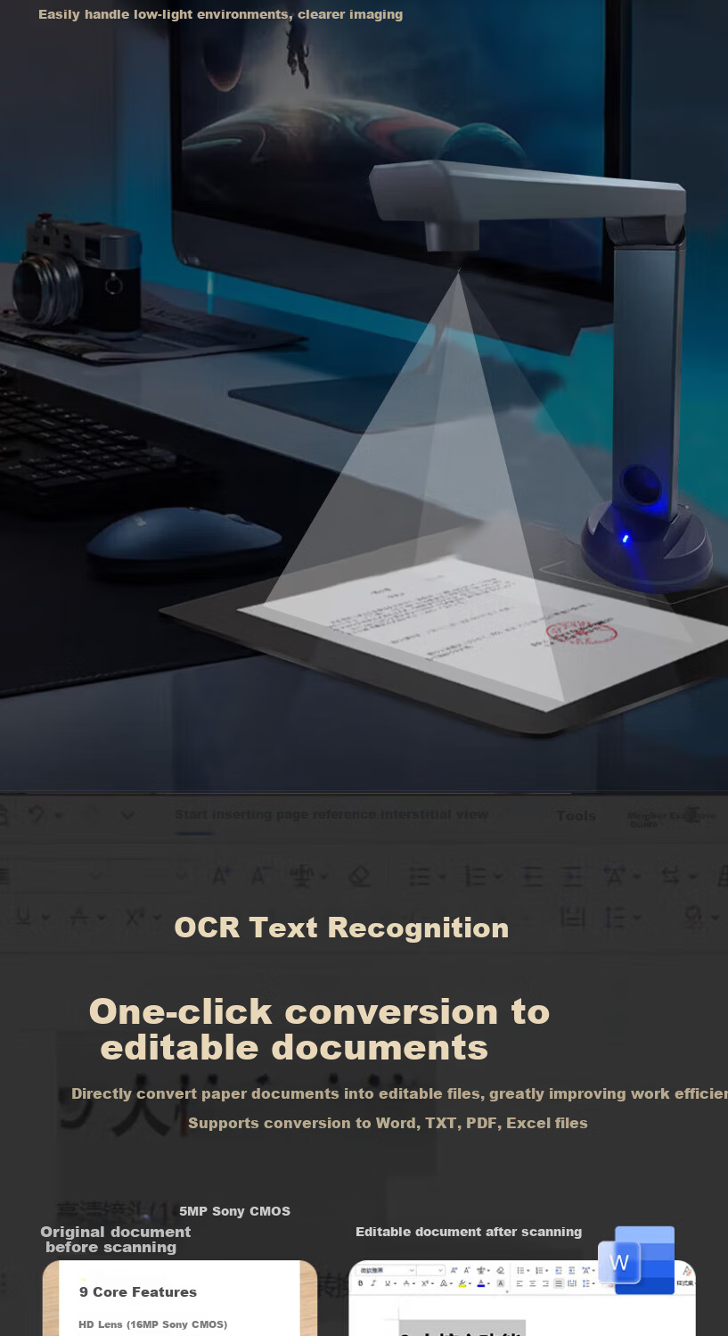 Founder Q1080 High-Speed Scanner 16MP Document Scanner for Business, School, Home Office, A4 Book, Contract, Receipt, PDF/OCR Text Recognition 3