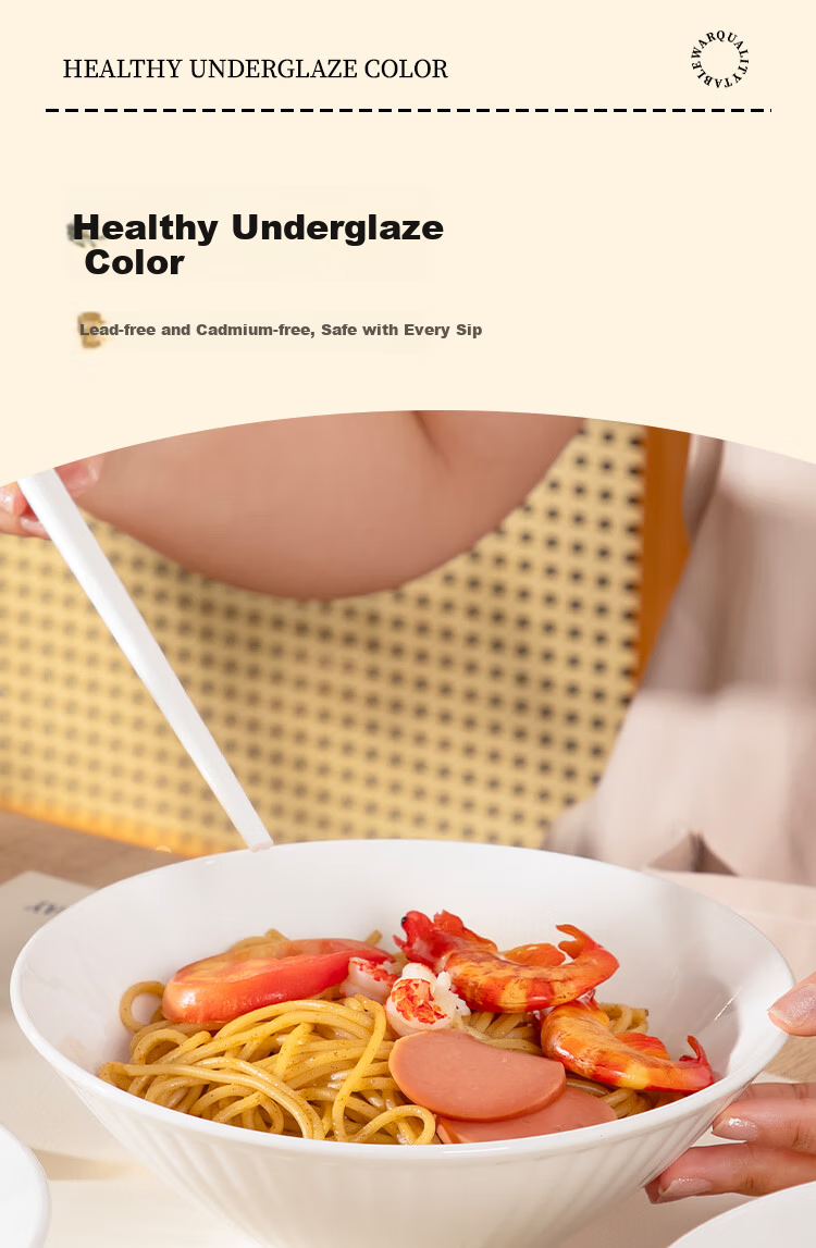 General Chef Vertical Stripe Large Soup Bowl Thickened White Ceramic 8-Inch Nordic Conical Ramen Bowl Microwave Safe Tableware 2