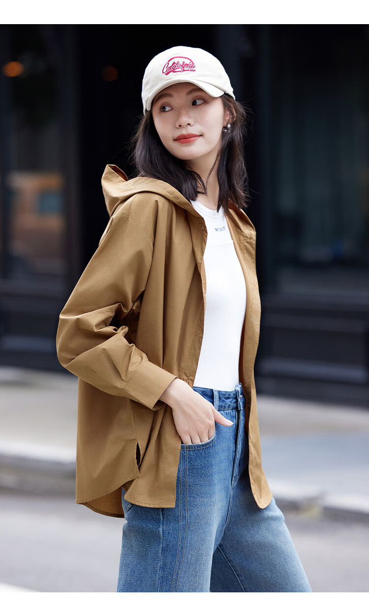 Dme Casual Hooded Side Slit Long Sleeve Shirt for Women, Light Brown, L 5