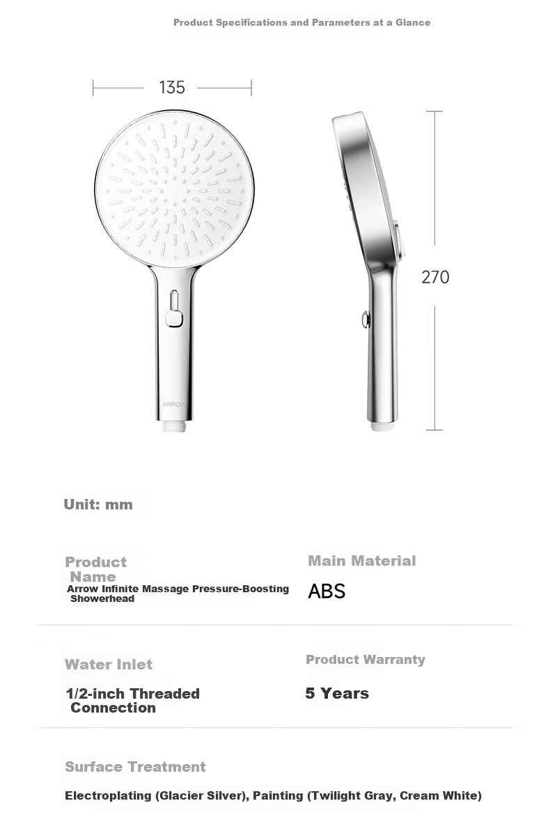 ARROW HS Handheld Shower Head High-Pressure Multi-Mode Handheld Bathroom Shower Sprayer 18