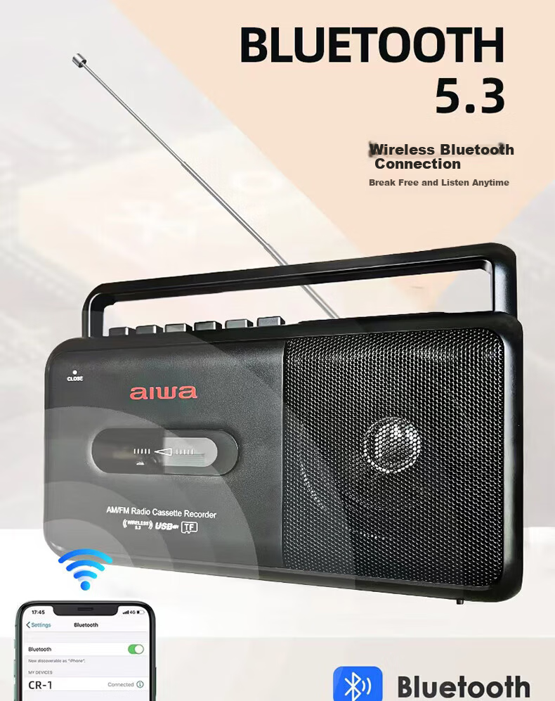 Aiwa CR-1 Bluetooth Speaker Retro Cassette Player Portable Radio USB TF Bluetooth Player Student Listening Device English Training Dual Power Black 7