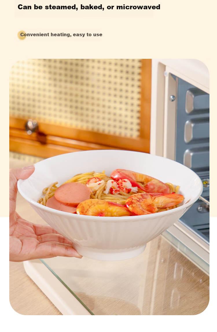 General Chef Vertical Stripe Large Soup Bowl Thickened White Ceramic 8-Inch Nordic Conical Ramen Bowl Microwave Safe Tableware 6