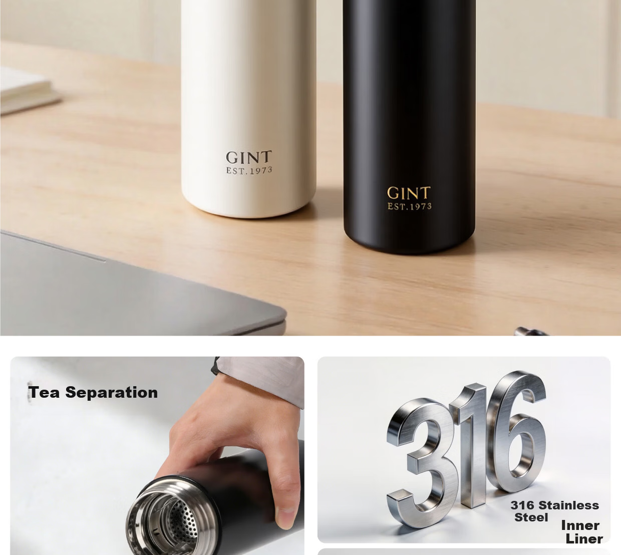 GiNT Insulated Tumbler Unisex 316 Stainless Steel Tea Separation Business Water Bottle Simple Portable Customizable Cup 2