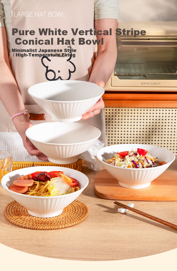 General Chef Vertical Stripe Large Soup Bowl Thickened White Ceramic 8-Inch Nordic Conical Ramen Bowl Microwave Safe Tableware 1