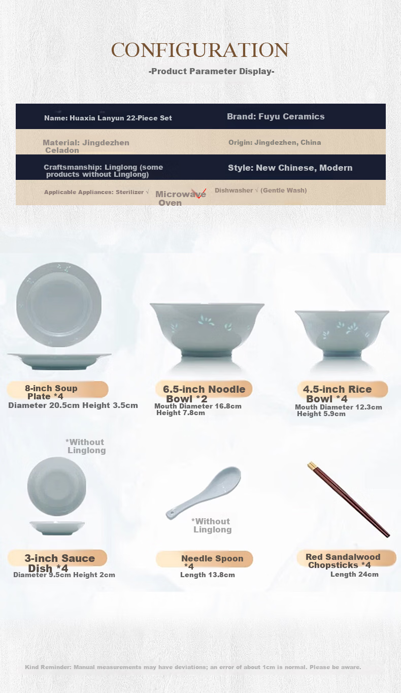 Fuyu Ceramics Jingdezhen Chinese Exquisite High-Temperature Yingqing Relief Bowl and Plate Dinnerware Set Home Luxury Huaxia Lanyun 22-Piece 14