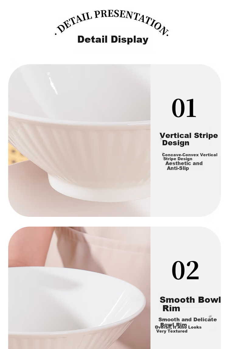 General Chef Vertical Stripe Large Soup Bowl Thickened White Ceramic 8-Inch Nordic Conical Ramen Bowl Microwave Safe Tableware 7