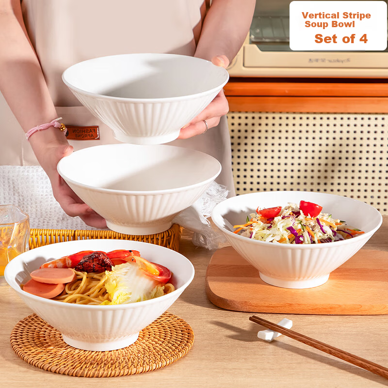 General Chef Vertical Stripe Large Soup Bowl Thickened White Ceramic 8-Inch Nordic Conical Ramen Bowl Microwave Safe Tableware