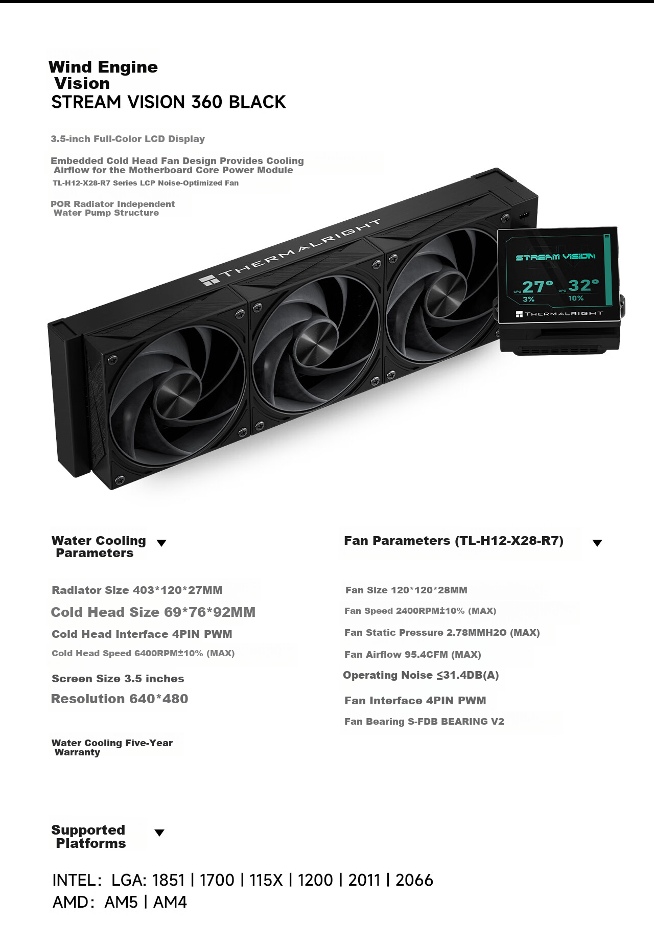 Thermalright STREAM VISION 360 BLACK All-in-One Liquid Cooler SV360 BLACK Embedded Fan 16