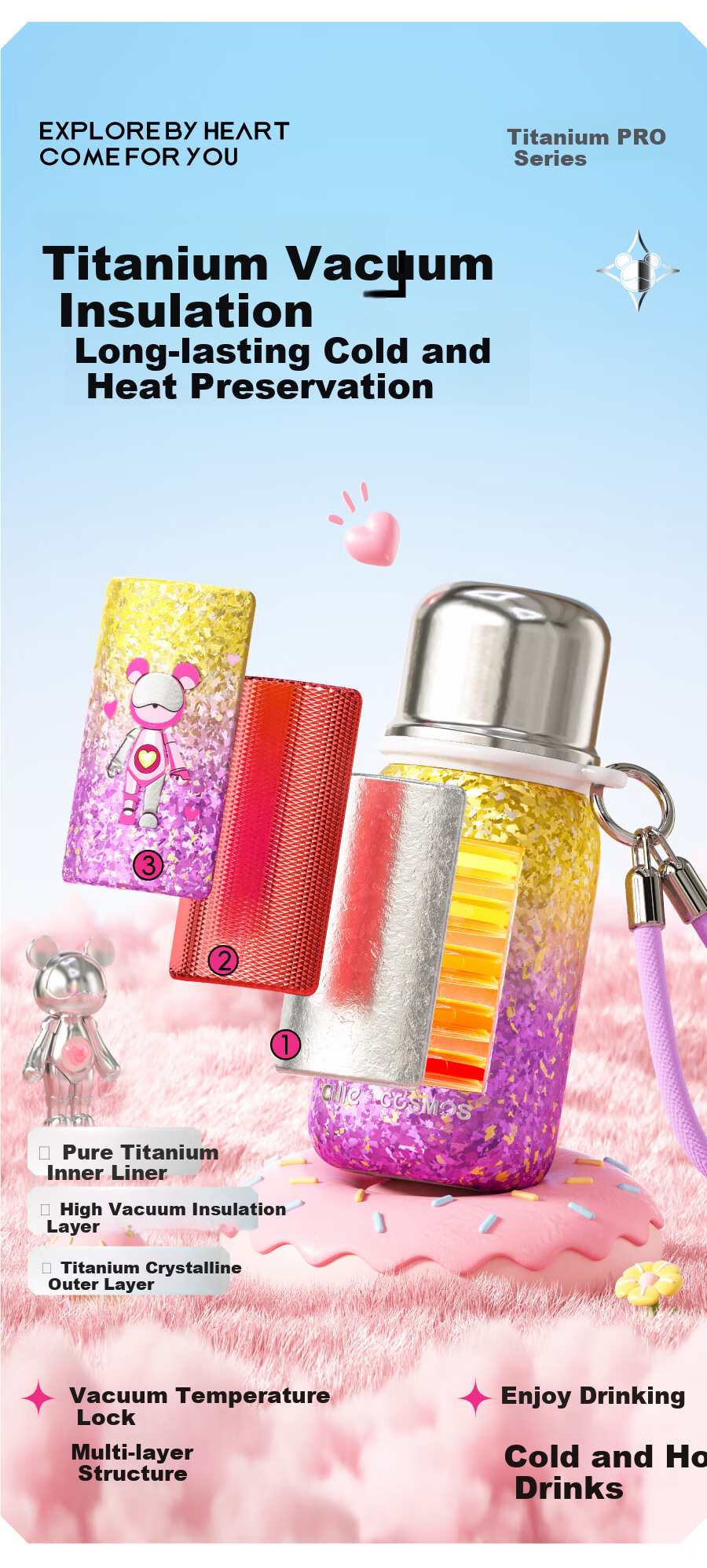 Cille Pure Titanium Insulated Antibacterial Thermos Gift for Men Birthday Gift for Women Pocket Travel Mug for Girlfriend Wife Bestie 3