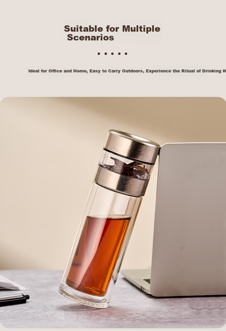 Gold Inlaid Jade Glass Cup Pure Titanium Antibacterial Tea Brewing Cup Pure Titanium Tea Infuser Business Double-Layer Tea Water Separation Cup Men's Car Travel Water Bottle 10