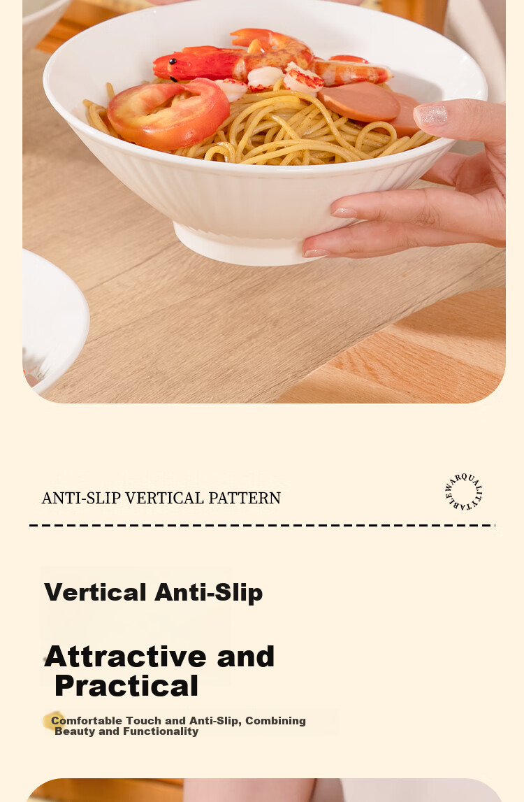General Chef Vertical Stripe Large Soup Bowl Thickened White Ceramic 8-Inch Nordic Conical Ramen Bowl Microwave Safe Tableware 4