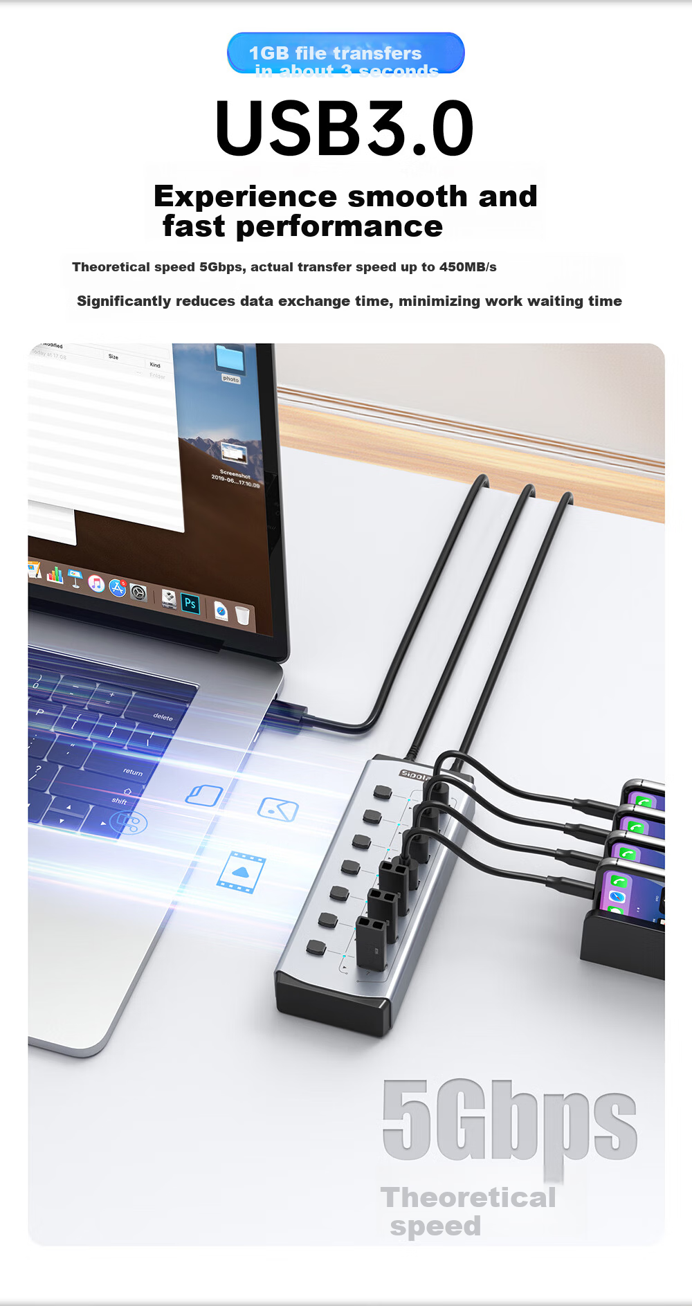SIPOLAR USB 3.0 Hub with Independent Control, 7-Port High-Speed HUB, 4 USB + 3 Charging Ports, 24W High Power Docking Station FS-809, Extension Cable, Laptop Accessory 5