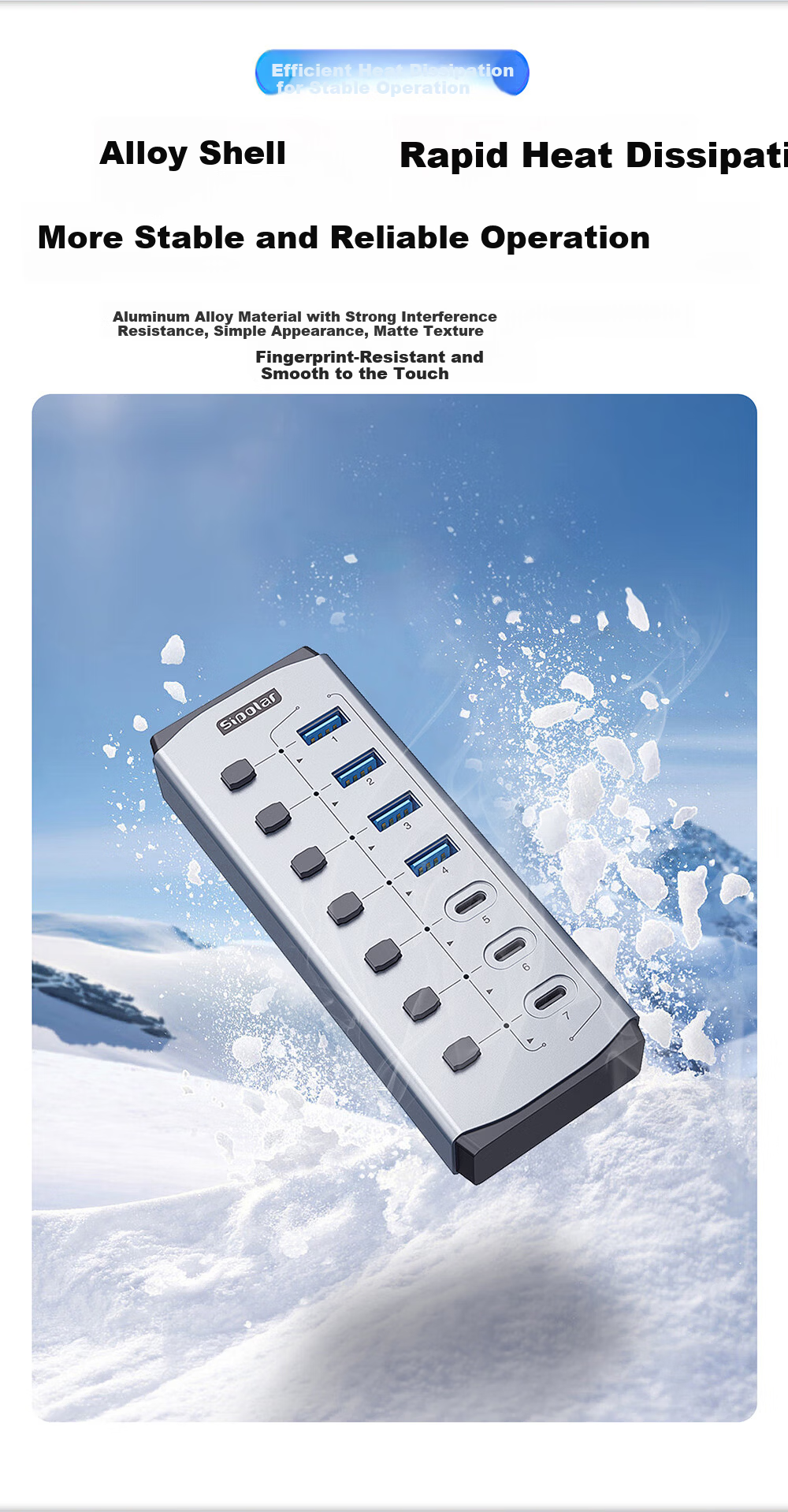 SIPOLAR USB 3.0 Hub with Independent Control, 7-Port High-Speed HUB, 4 USB + 3 Charging Ports, 24W High Power Docking Station FS-809, Extension Cable, Laptop Accessory 9