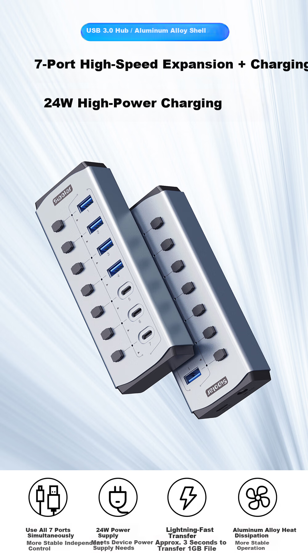 SIPOLAR USB 3.0 Hub with Independent Control, 7-Port High-Speed HUB, 4 USB + 3 Charging Ports, 24W High Power Docking Station FS-809, Extension Cable, Laptop Accessory 2