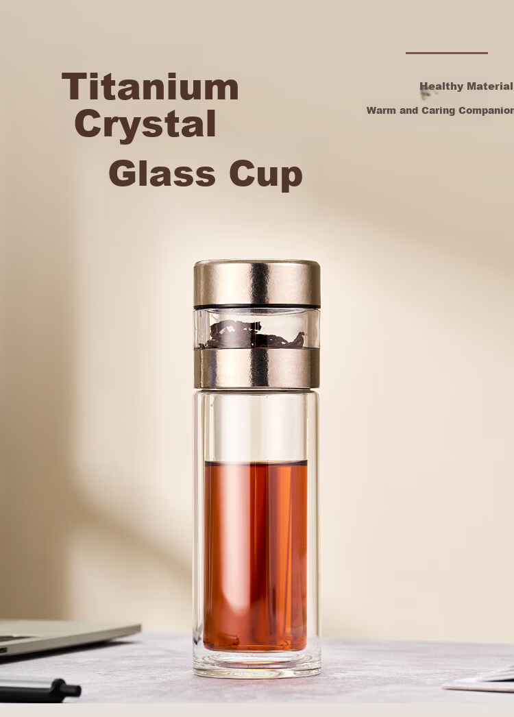 Gold Inlaid Jade Glass Cup Pure Titanium Antibacterial Tea Brewing Cup Pure Titanium Tea Infuser Business Double-Layer Tea Water Separation Cup Men's Car Travel Water Bottle 1
