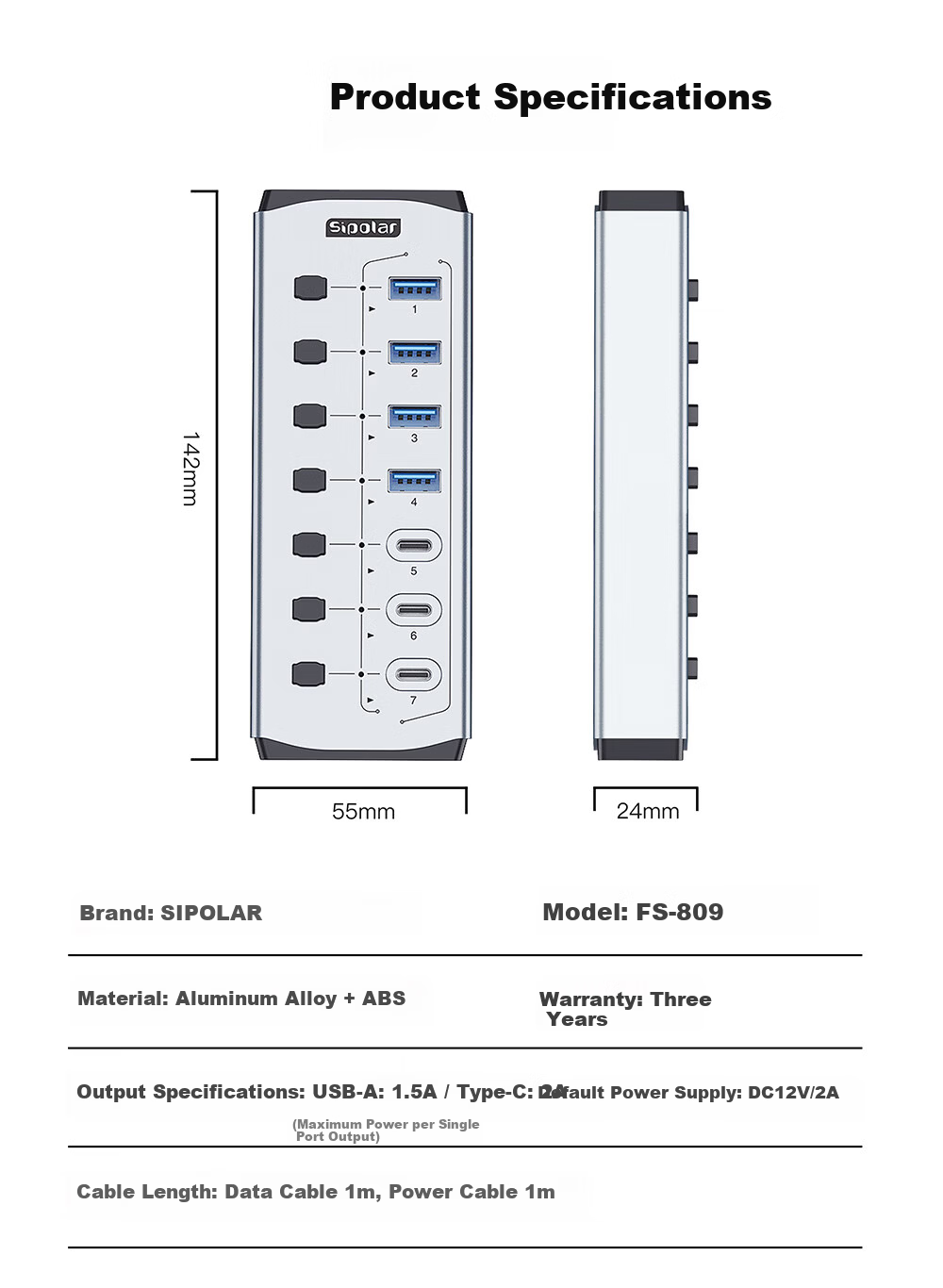 SIPOLAR USB 3.0 Hub with Independent Control, 7-Port High-Speed HUB, 4 USB + 3 Charging Ports, 24W High Power Docking Station FS-809, Extension Cable, Laptop Accessory 13