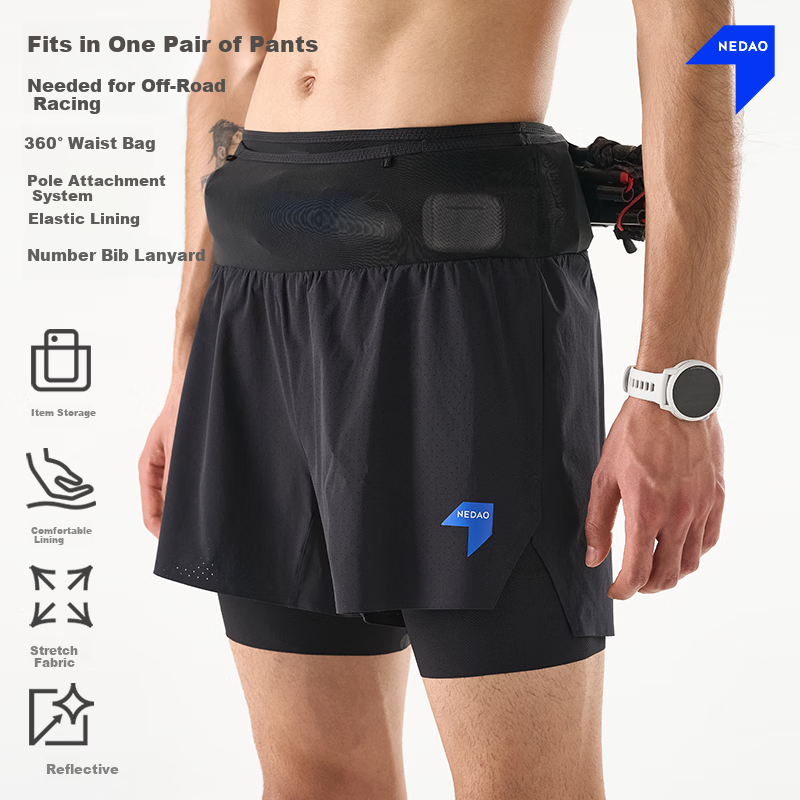 NEDAO 3-in-1 Storage Running Shorts for Men with Waist Bag, Inner Lining, and Pole Holder, Trail Running Sports Pants