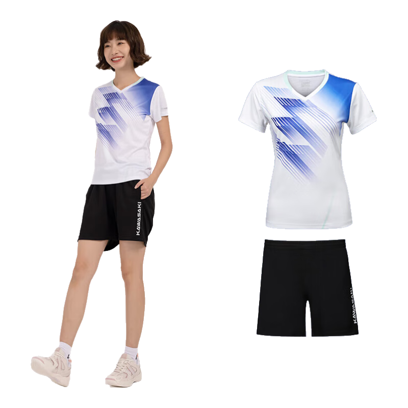 KAWASAKI Badminton Outfit for Women, Professional Sports V-Neck Short Sleeve + Shorts Set B2813, White, 2XL