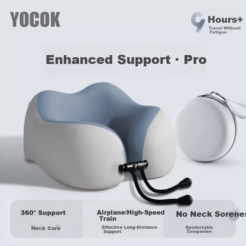 YOCOK U-Shaped Inflatable Memory Foam Neck Pillow Travel Neck Support for Airplane and Train, Portable and Foldable, Blue and Gray Colorblock