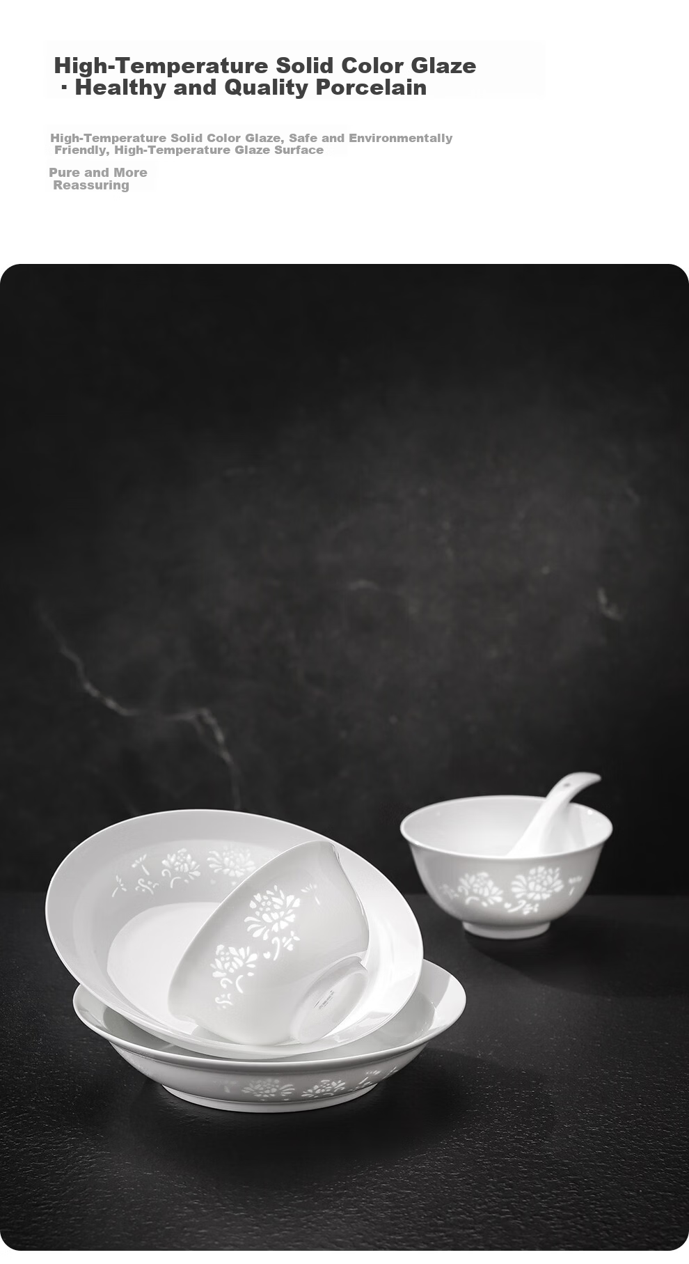 JDZ Ceramic Tableware Set Intangible Cultural Heritage Exquisite White Porcelain Bowls and Plates Complete Chinese Style Home High-End Housewarming Gift Blooming Flowers 10
