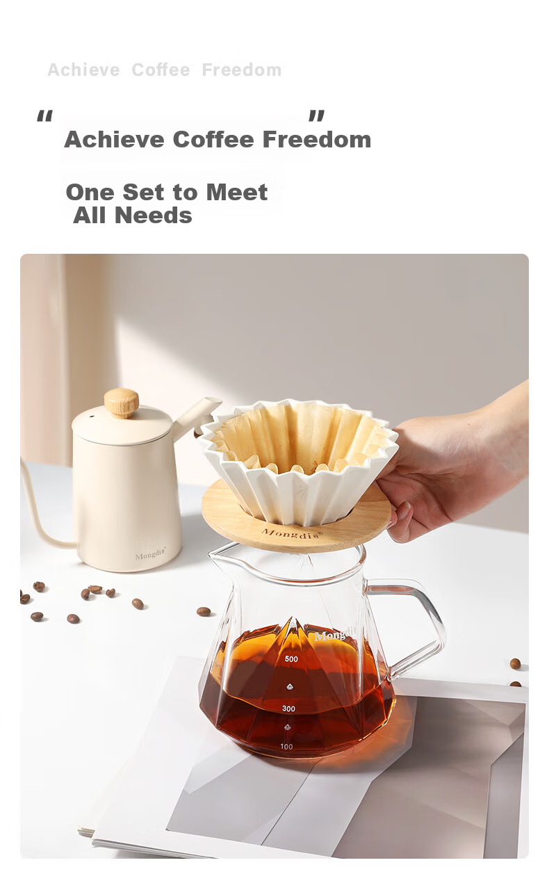 Mongdio Manual Coffee Maker Set with Grinder, Coffee Filter Paper, Dripper, Pour Over Kettle, Sharing Pot, Measuring Spoon, Wooden Tray - 7 Pieces 9