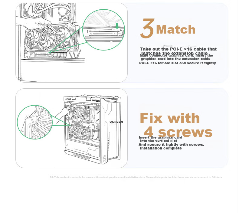 Ugreen PCIe 4.0 x16 GPU Extension Cable 20cm Vertical Graphics Card Riser Flexible Adapter 180° to 90° for Desktop Gaming PC Case Modification 85997 15