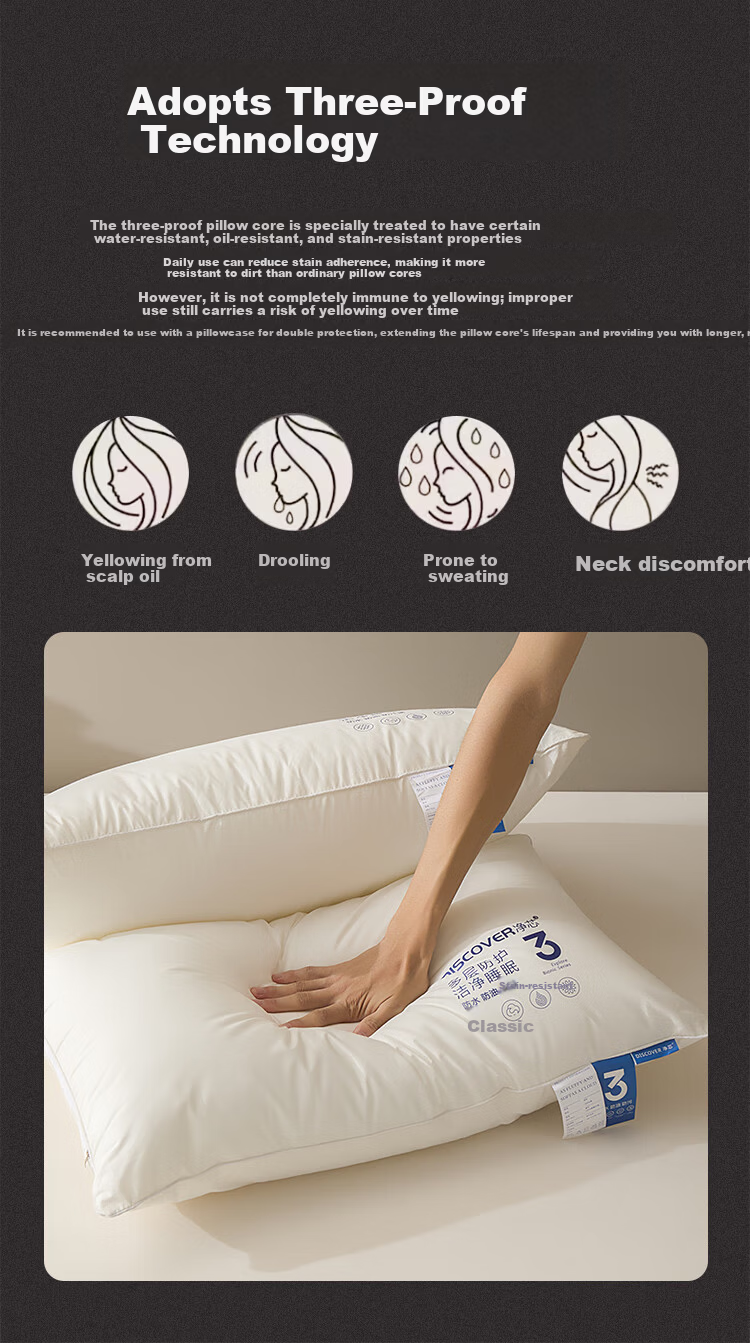 Mengshina Pillow Core Comfortable Feather Silk Fiber Pillow Hotel Fiber Pillow Washable 48*74cm Pure Cotton Three-Proof Pillow 4