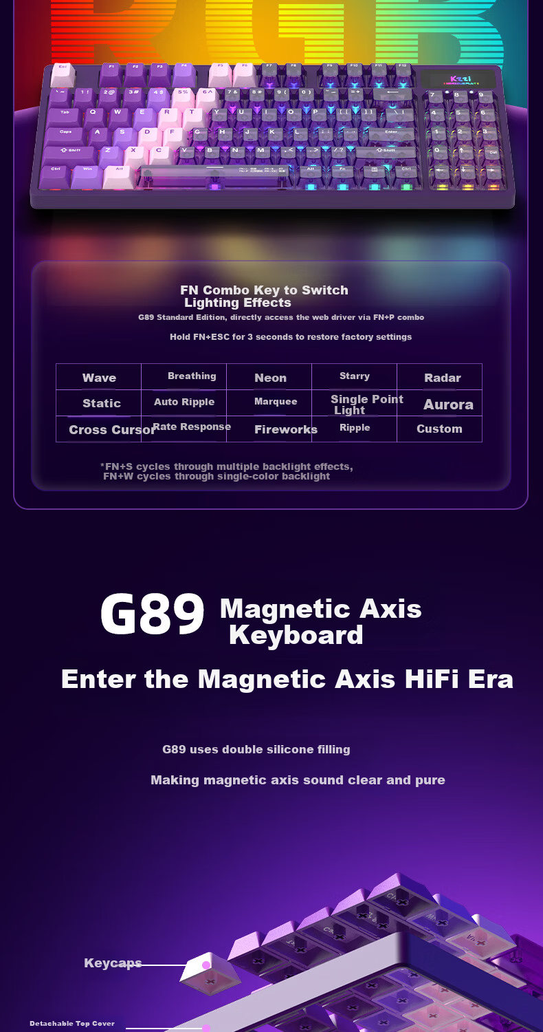 KZZI G89 Gaming Magnetic Axis Wired Keyboard RT Custom Mechanical 89-Key RGB Lighting Internet Cafe Keyboard for Gaming Valorant Gradient Pink White Jade Switch 11