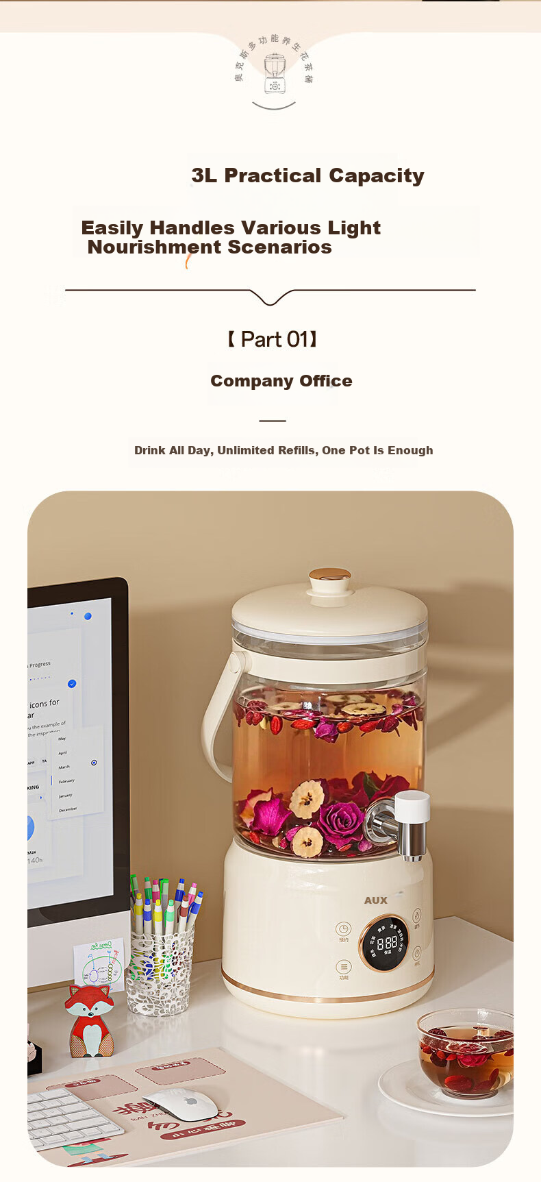 AUX 3L Health Pot Large Capacity Faucet Kettle Flower Tea Bucket Constant Temperature Kettle Tea Cooker Insulated Integrated Water Boiler 304 Stainless Steel Heating Plate ASH-10AY01A 4
