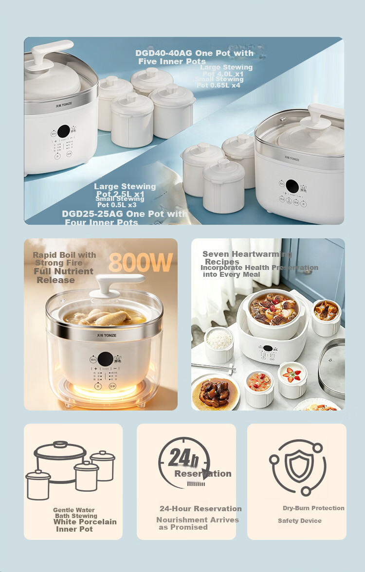 TONZE Electric Stew Pot, Double Boiler, Home Automatic Soup Maker, Ceramic Inner Pot, Bird's Nest Stew Pot, Special Steam Stewing Multi-Function Cooker, One Pot with 4 Inner Pots, DGD25-25AG 2