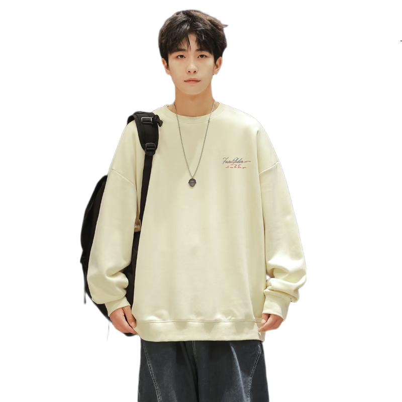 Foss Phil Men's Sweatshirt, Spring And Autumn Loose Fit, Printed Round Neck, Casual T-Shirt, Versatile Trendy Top, FPW4 Apricot Color, XL Size