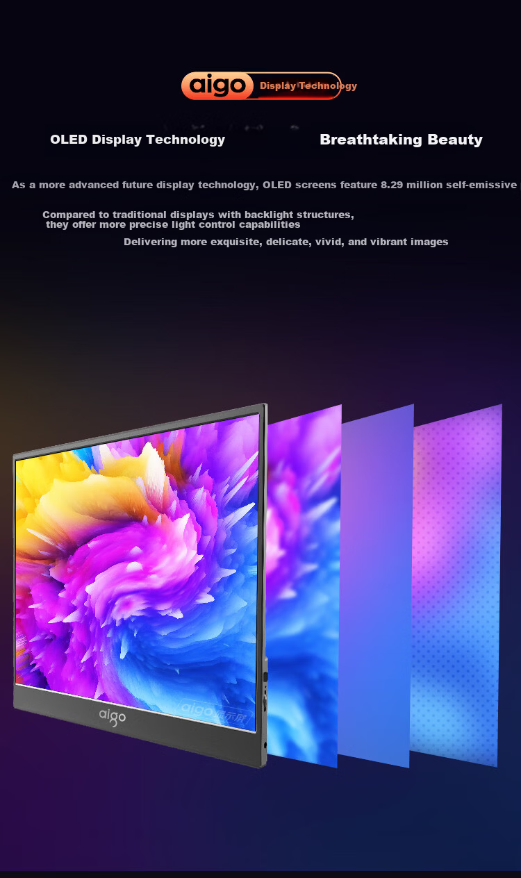 Aigo 15.6-Inch 4K OLED Portable Monitor, High Color Gamut, for Mobile Phones, Computers, Laptops, Split-Screen Design, Mobile Expansion Secondary Scree 2