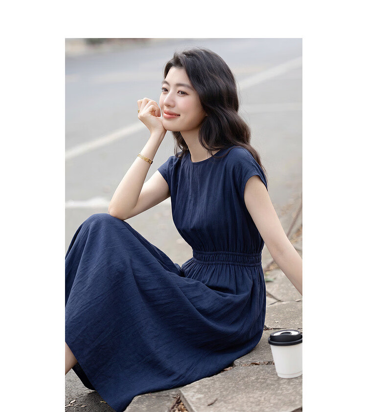 Demana [Elegance Companion] Summer Commuter Style Round Neck High Waist Cap Sleeve Lightweight Draped Mid-Length Women's Dress 10