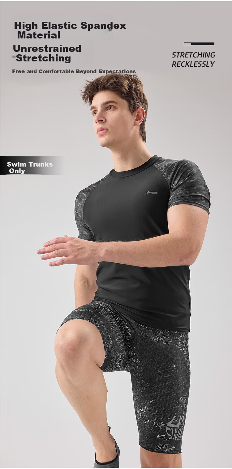 LI-NING Men's Quick-Dry Chlorine-Resistant Comfortable High-Elasticity 5-Point Training Swim Trunks 054 Black 3XL 5