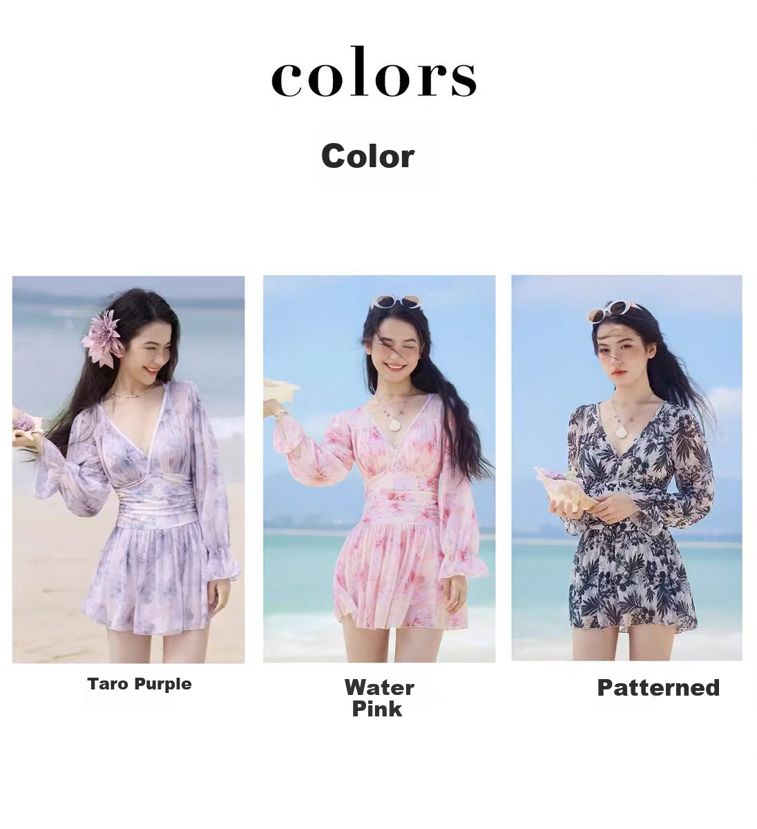 Sanqi Women's One-Piece Swimsuit Skirt Style V-Neck Tummy Control Slimming Vacation Hot Spring Long Sleeve Plus Size Fairy Style Swimwear 2XL 7