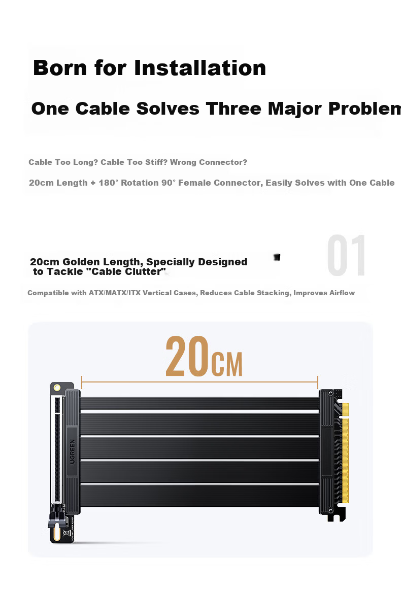 Ugreen PCIe 4.0 x16 GPU Extension Cable 20cm Vertical Graphics Card Riser Flexible Adapter 180° to 90° for Desktop Gaming PC Case Modification 85997 5