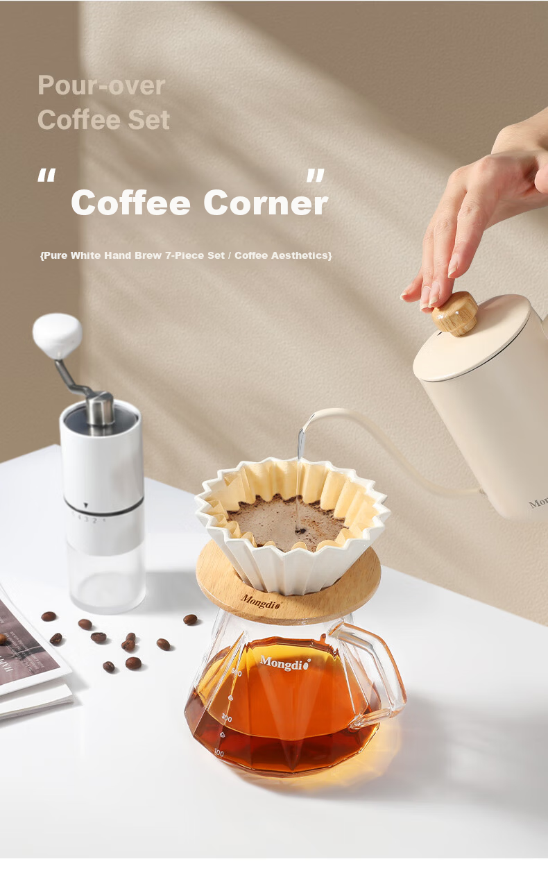 Mongdio Manual Coffee Maker Set with Grinder, Coffee Filter Paper, Dripper, Pour Over Kettle, Sharing Pot, Measuring Spoon, Wooden Tray - 7 Pieces 11