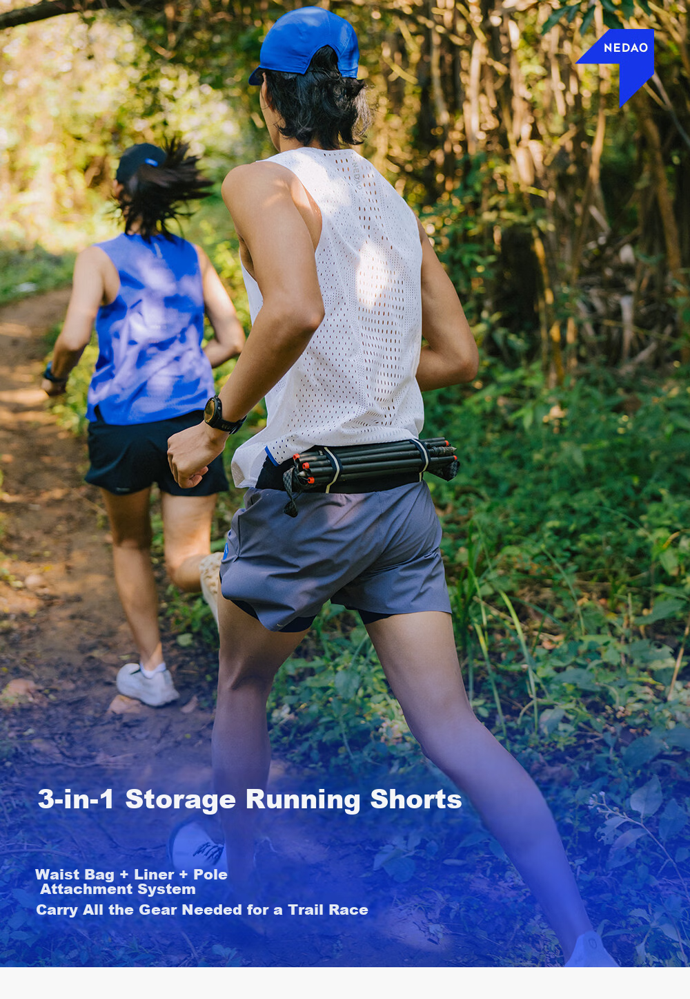 NEDAO 3-in-1 Storage Running Shorts for Men with Waist Bag, Inner Lining, and Pole Holder, Trail Running Sports Pants 1