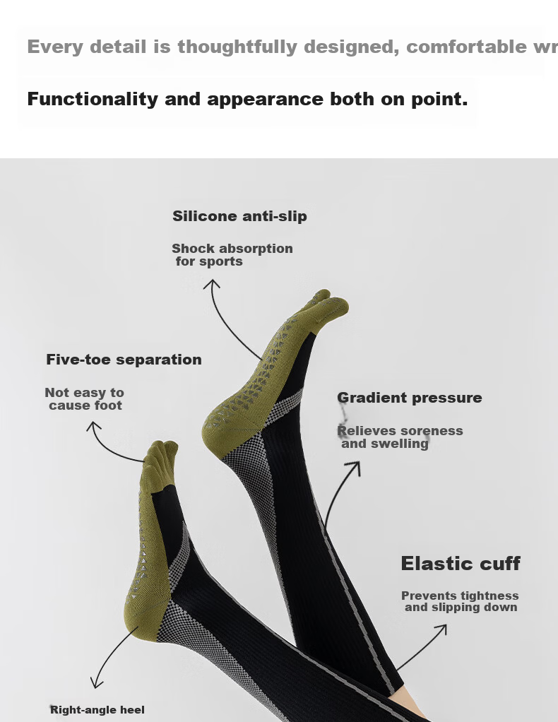 Free Style Professional Yoga Five-Toe Calf Compression Socks Outdoor Fitness Hiking Cycling Varicose Vein Anti-Slip Knee-High Socks 3
