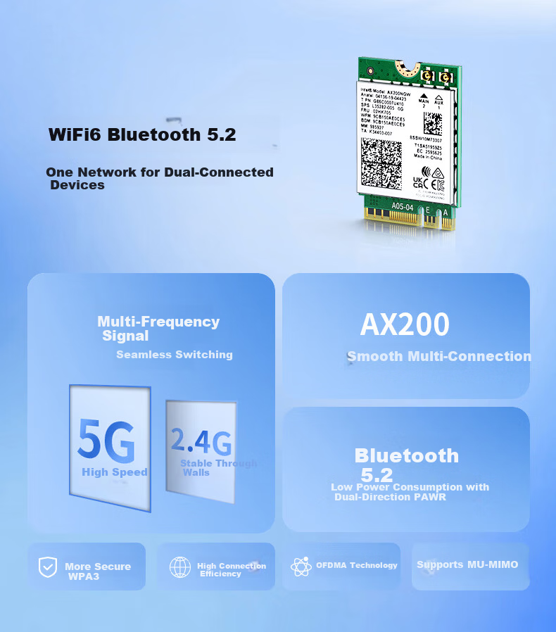 DOREWIN AX200 WIFI6 Wireless Network Card 2974Mbps 5G Dual-Band Laptop Internal Module M.2 Interface WIFI Receiver with Bluetooth 5.2 3