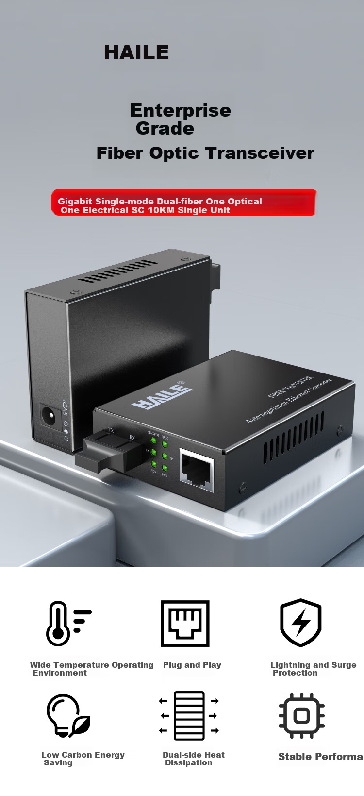 HAILE Haile Telecom Grade Gigabit Single-mode Dual-fiber Fiber Optic Transceiver 25km Network Monitoring SC Port Optical-Electrical Converter HC-820-25 2