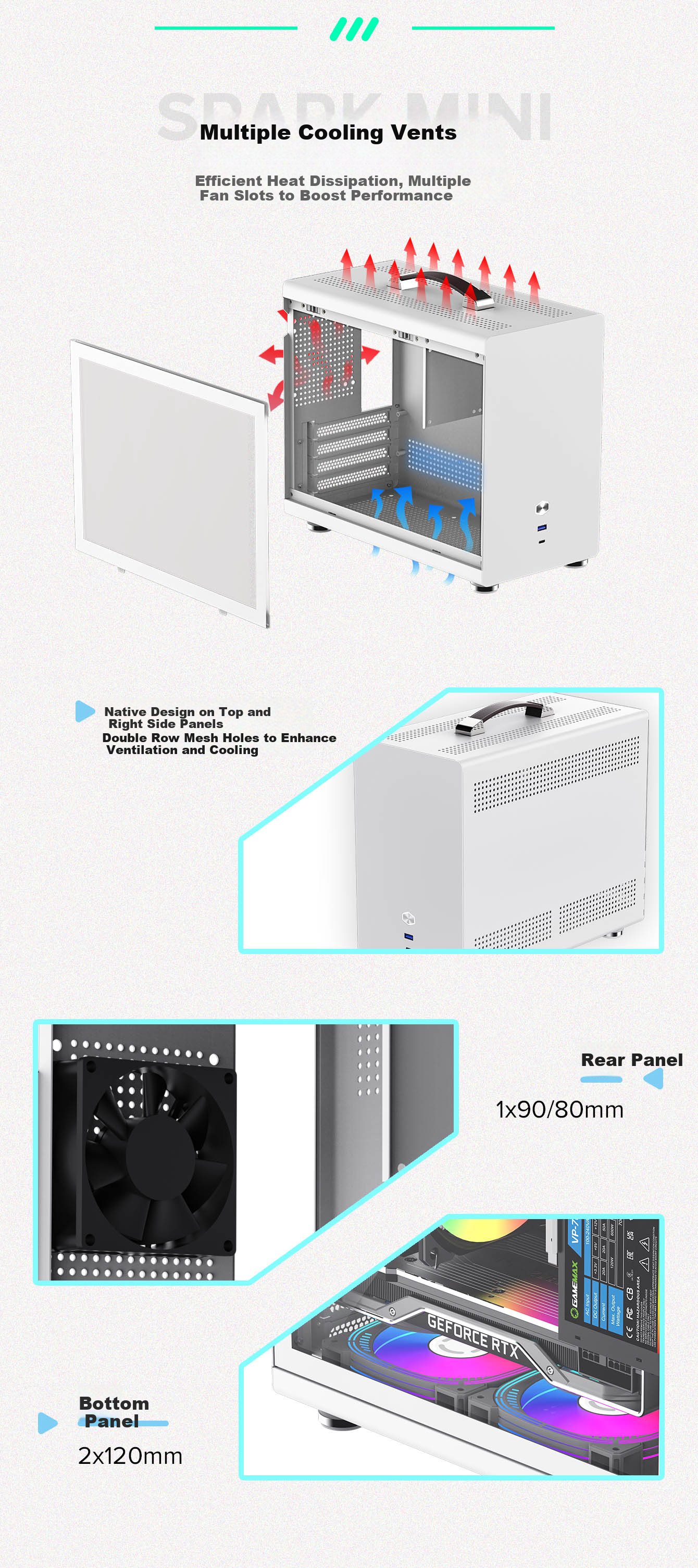 GAMEMAX Spark Mini ITX Tower PC Case Black Typc-C (0.8mm Side Window Portable Small Steel Cannon ATX Power Supply) White 7