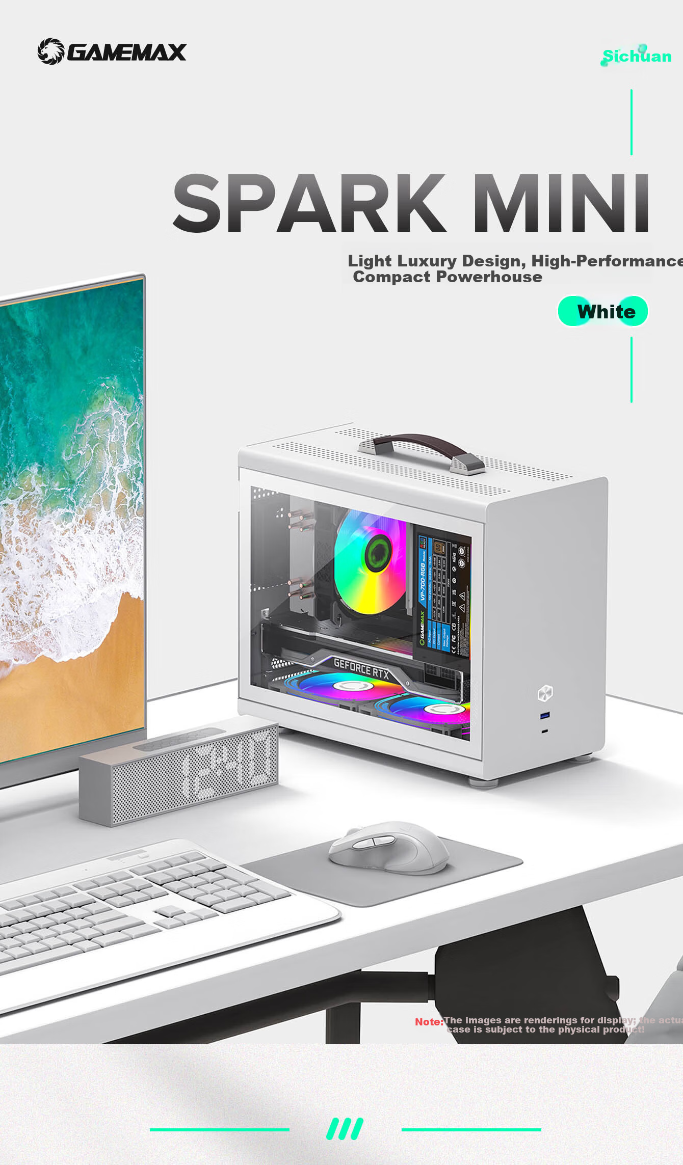 GAMEMAX Spark Mini ITX Tower PC Case Black Typc-C (0.8mm Side Window Portable Small Steel Cannon ATX Power Supply) White 1